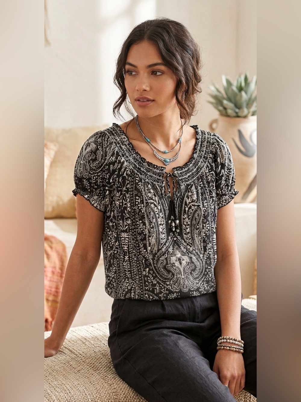 Bila Womens Large Black White Paisley Sequin Smocked Peasant Blouse Boho Top y2k